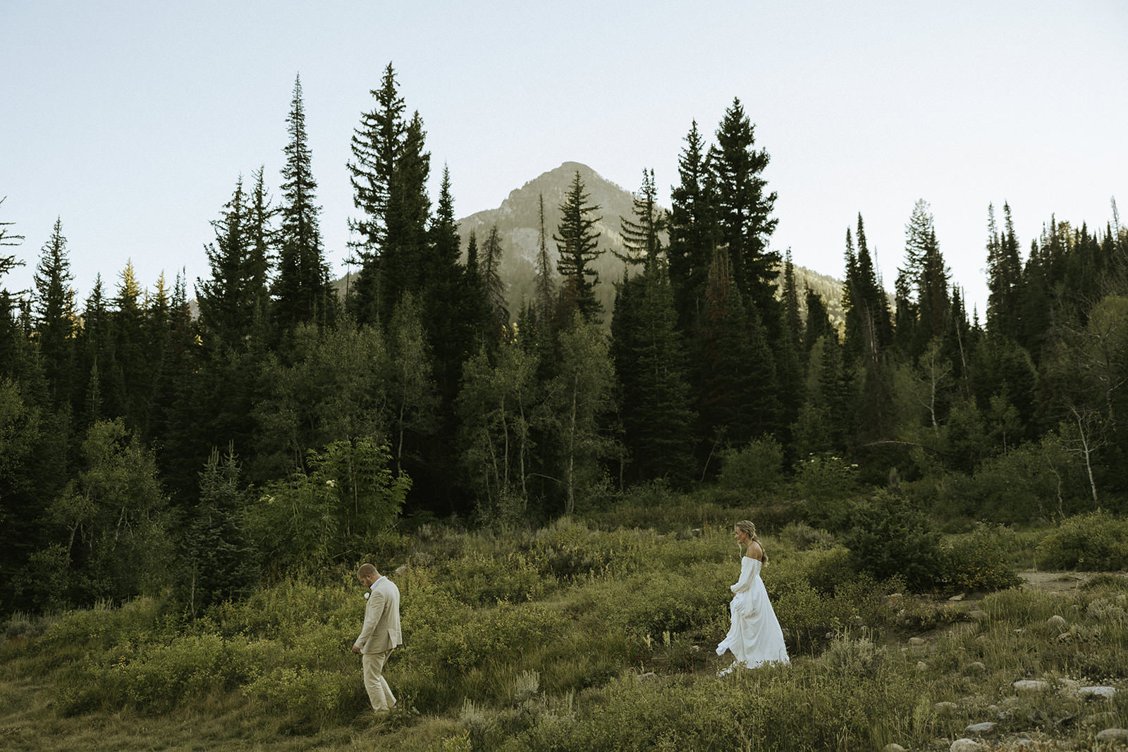 A bride and groom walking in the distance with towering pine trees and a gorgeous mountain peak in the background.